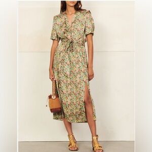 New! SANDRO Fiona pleated floral-print satin-twill midi dress size EU 36 US 6